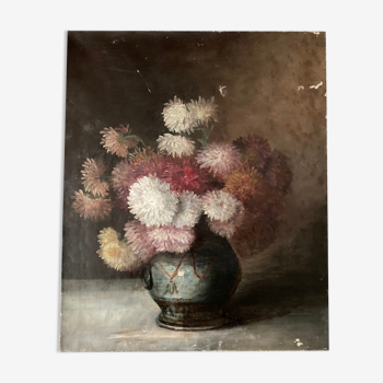 Huile sur toile 19e bouquet de dahlias sur la table