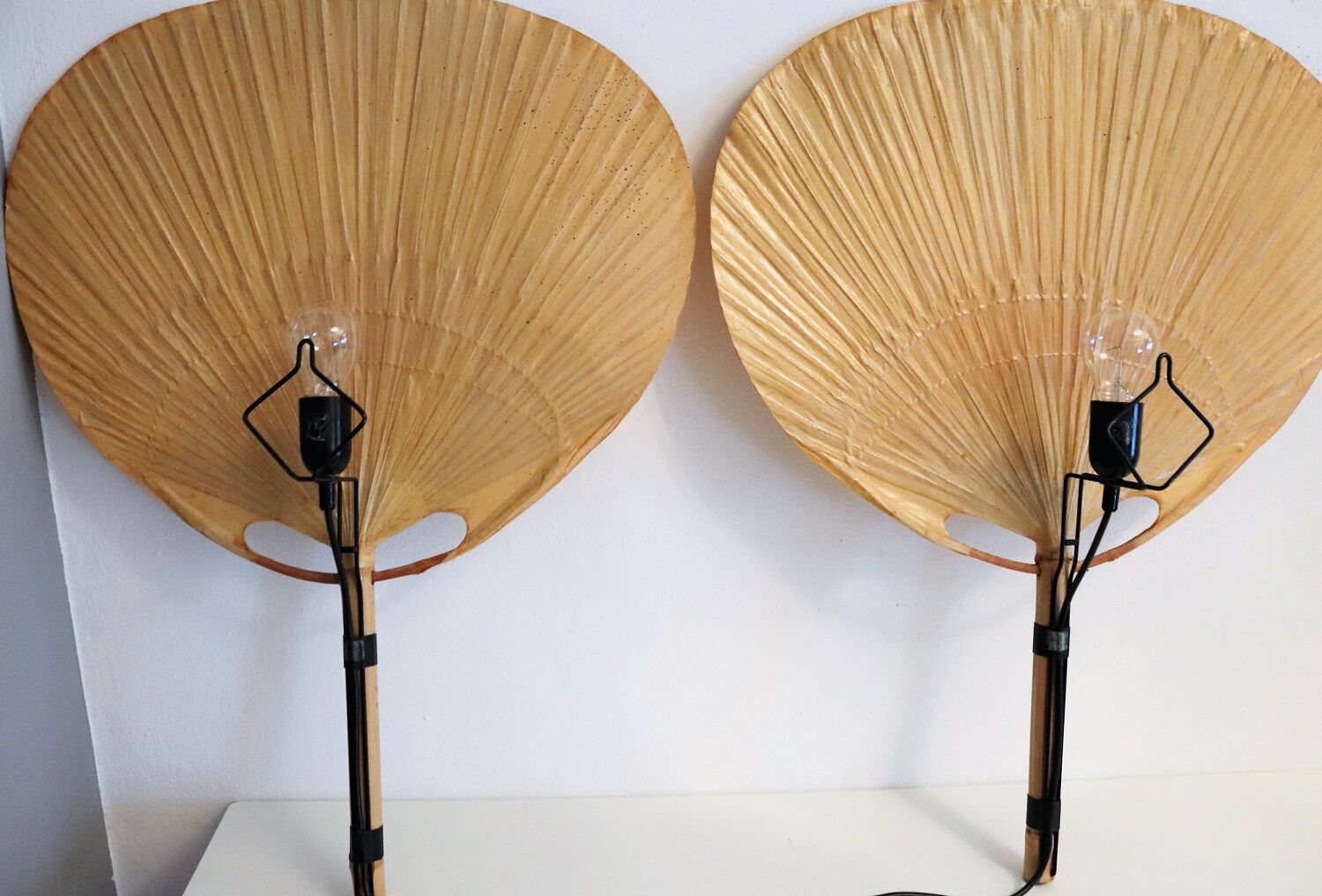 Set of 2 Uchiwa bamboo and rice paper wall lights by Ingo Maurer, Germany 1973