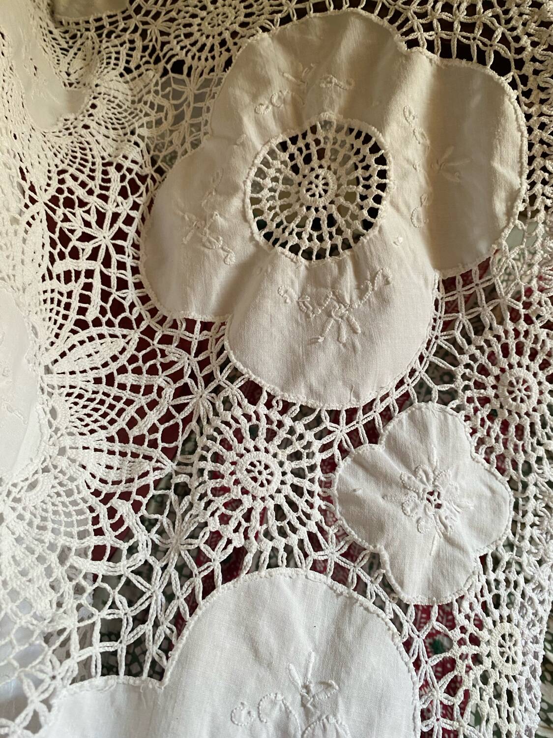White cotton tablecloth with crochet lace.