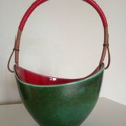 Leon elchinger soufflenheim - panier à fruits céramique rouge vert & anse