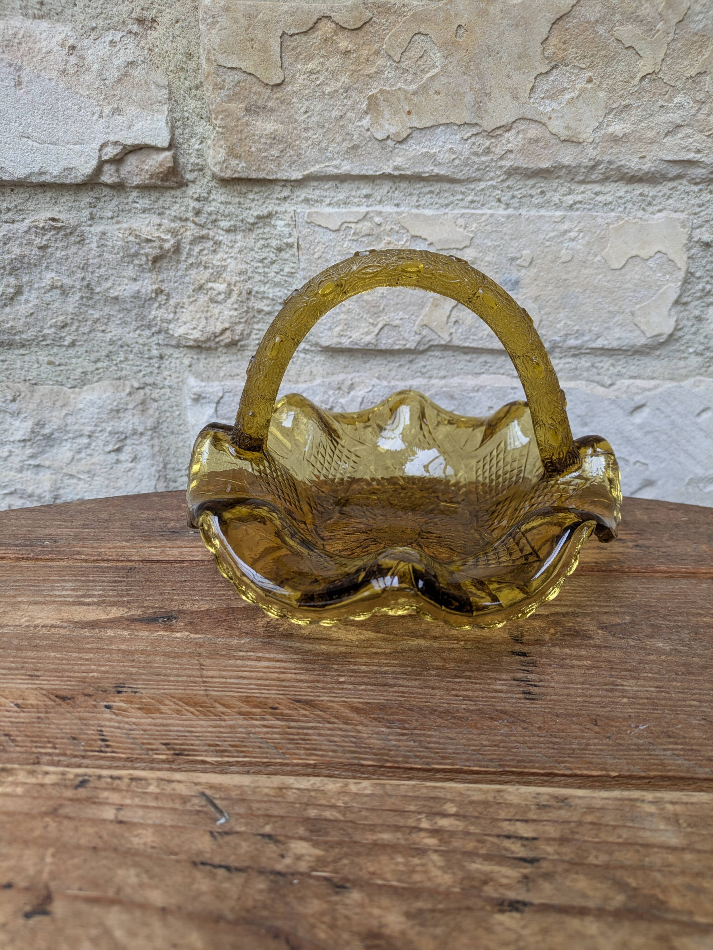 Small amber yellow glass pocket basket Portieux France