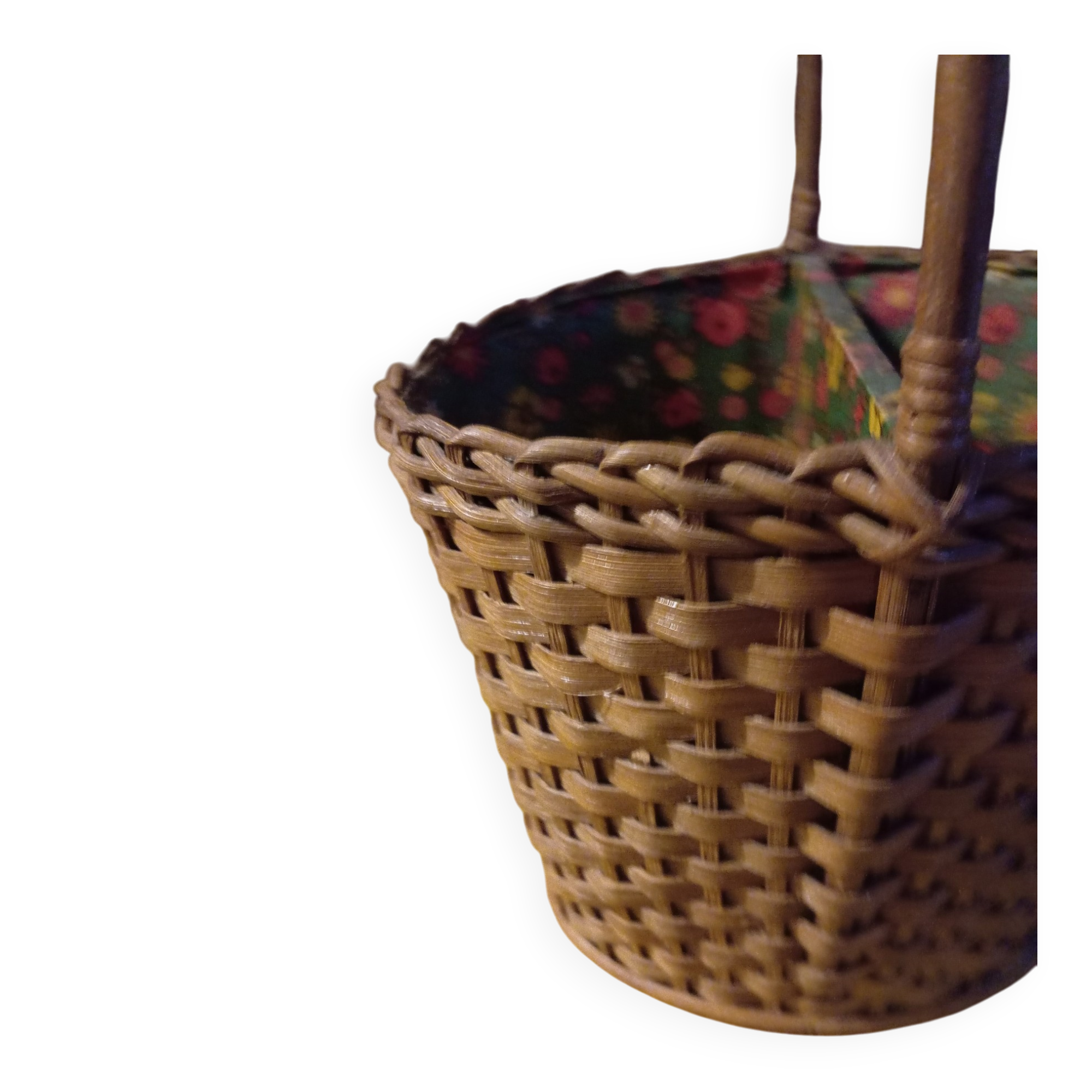 Woven wicker bottle basket. Flower Power. Very good condition.