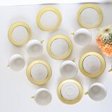 Set of 7 cups and under cups in ceramic Moulin des Loups, yellow, French manufacture,