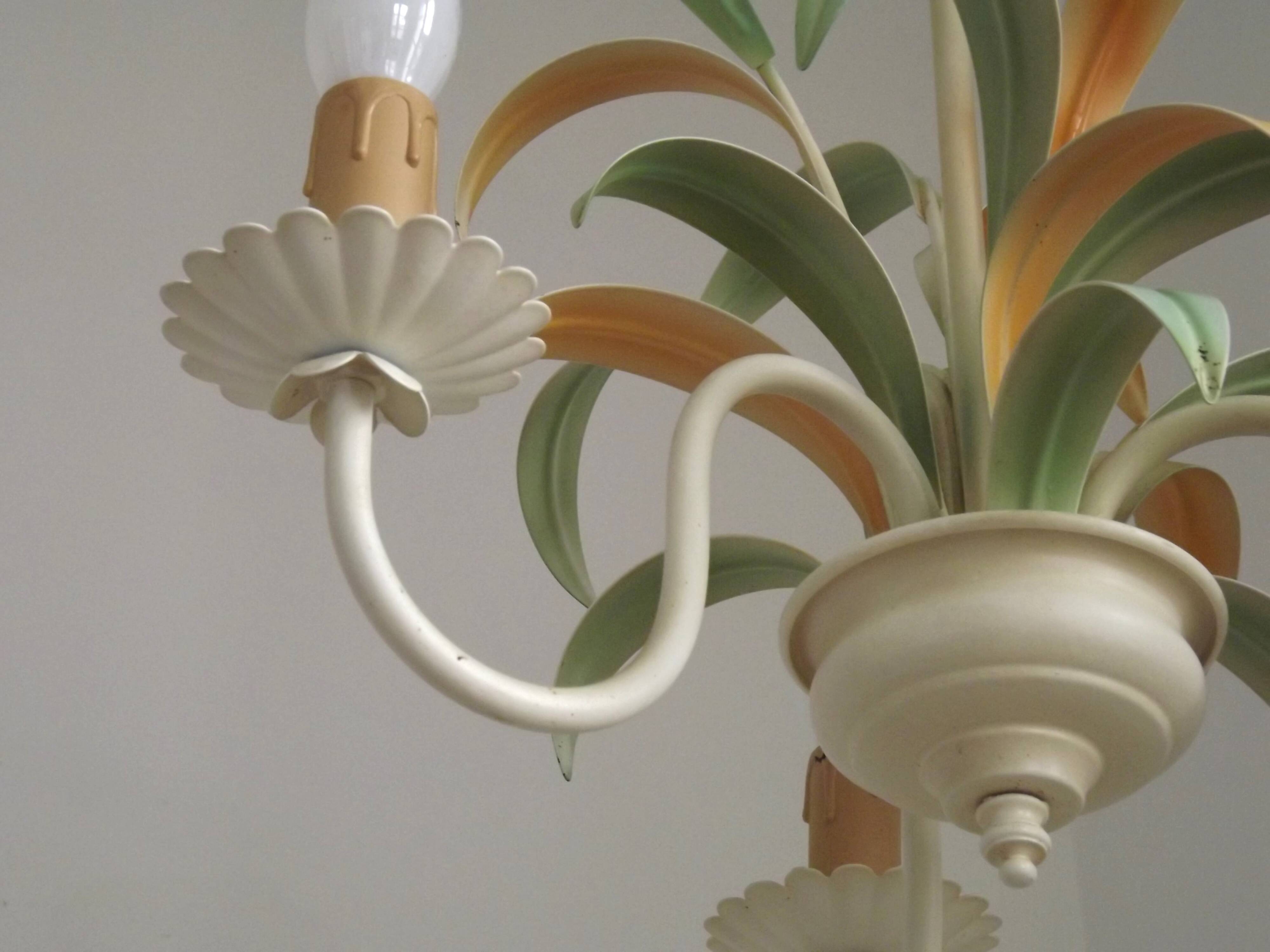 French Vintage Cream 3 Light Chandelier Green and Peach Leaves