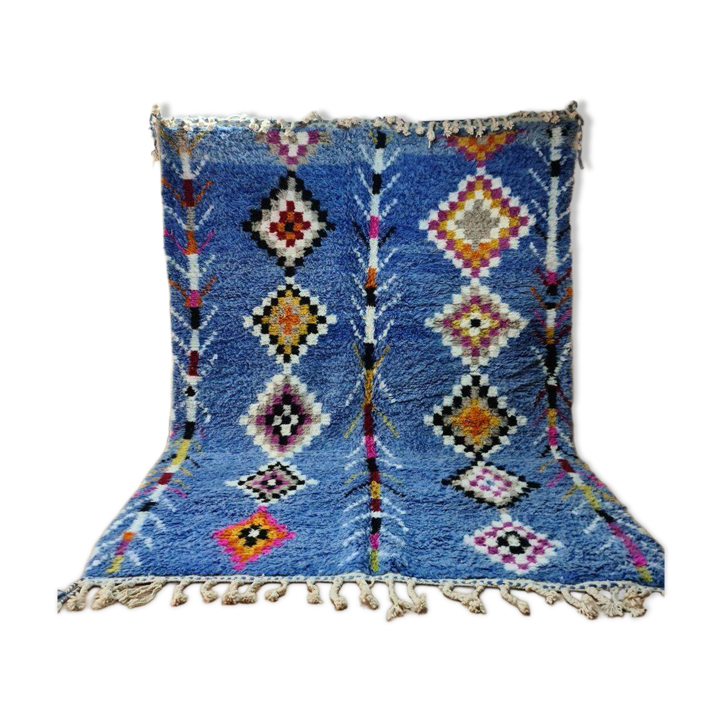 Tapis Beni Ouarain Bleu Azur - Motifs Berbères Colorés - Laine Naturelle