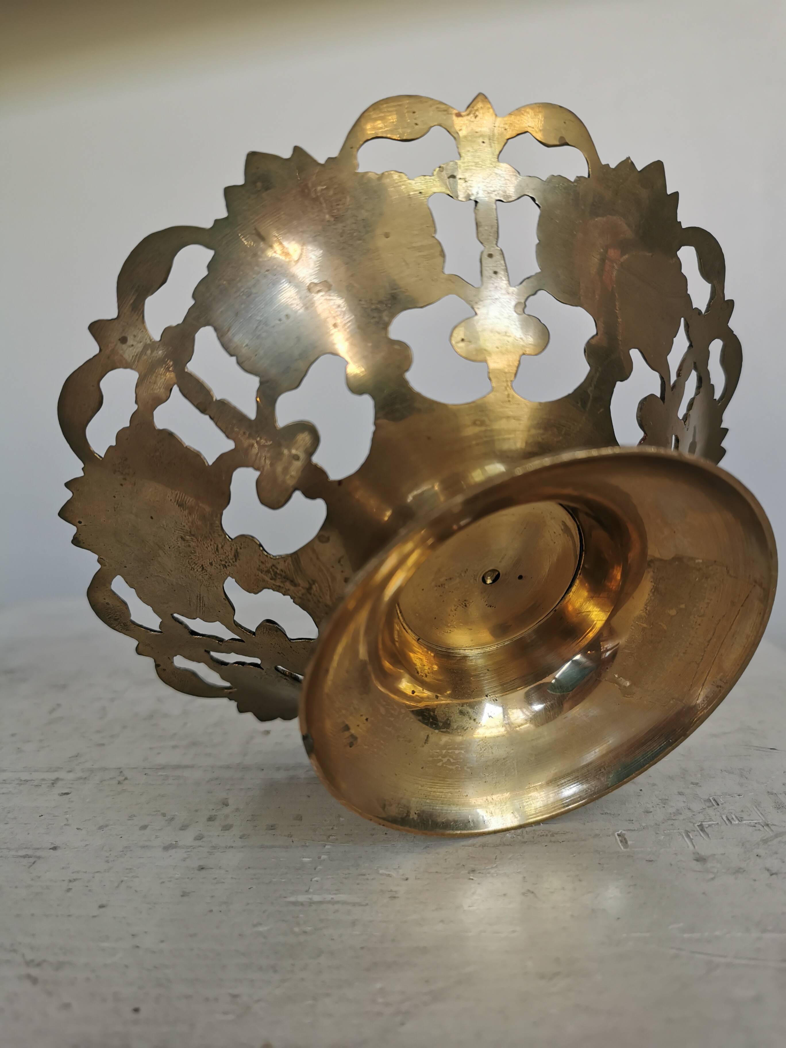 Vintage Brass Pedestal Bowl: Floral Motif, Red Blue Green Painted