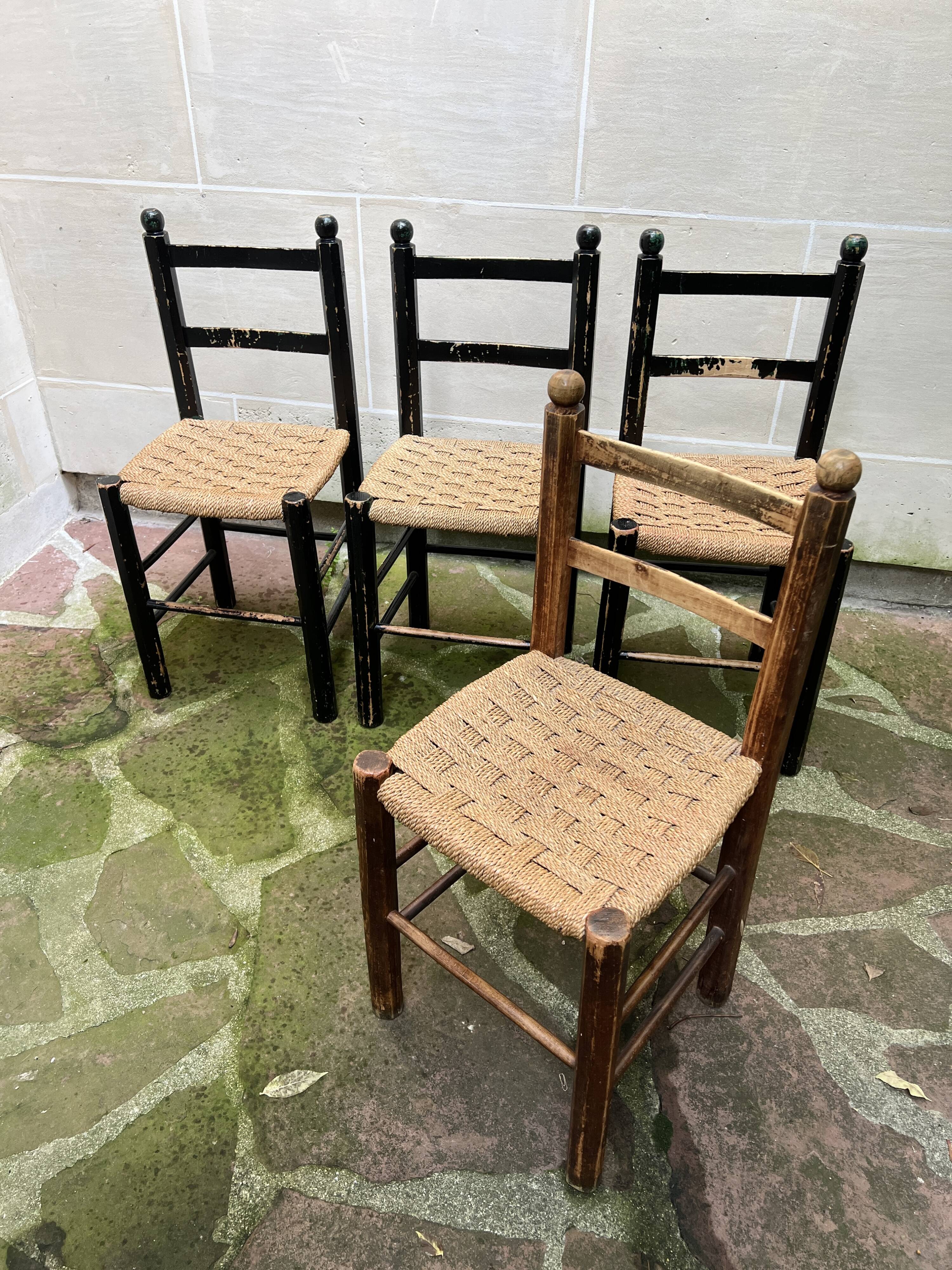 Chaise Italienne Vintage Bois Brut Corde Tressée Artisanale
