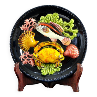 Vallauris, 1950s, Trompe l'Oeil Plate Decor Fish, Crab, Shells, Coral.