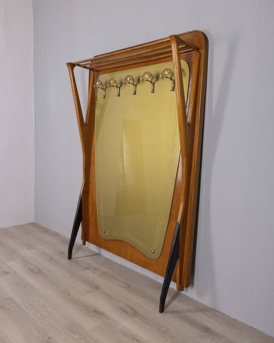 Porte-manteau en bois et verre décoré, Italie années 1950
