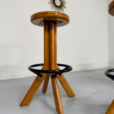 Set of 4 solid elm wood bar stools, vintage 70s design