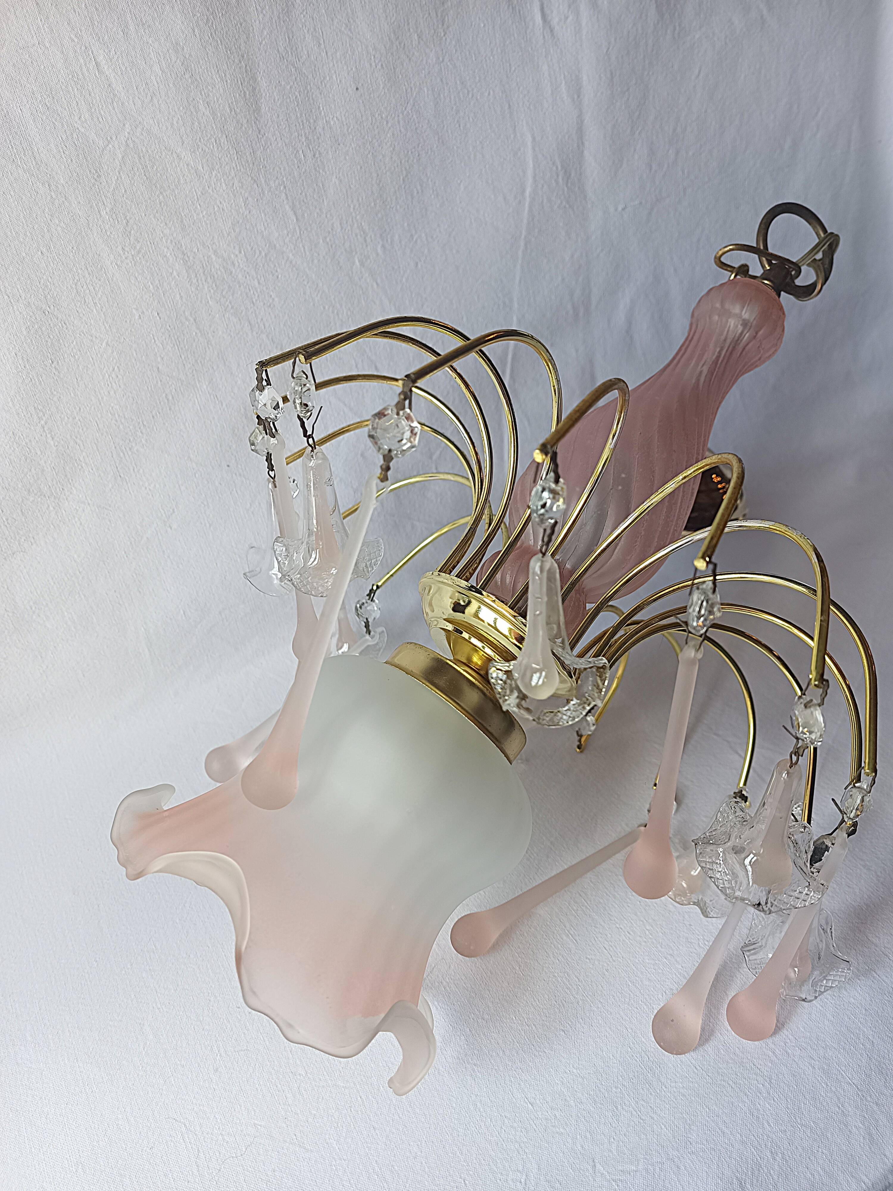 Vintage pink glass drop and flower chandelier pendant light.