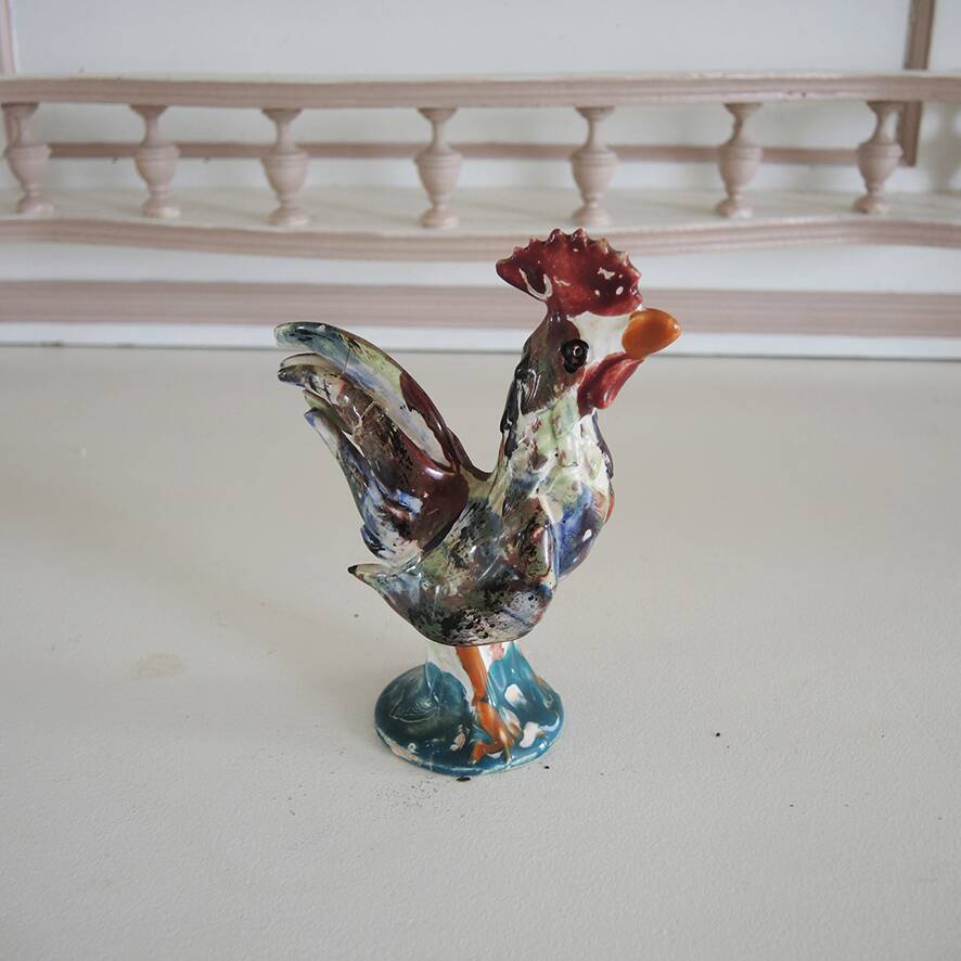 Antique Rooster Figurine in Painted Barbotine