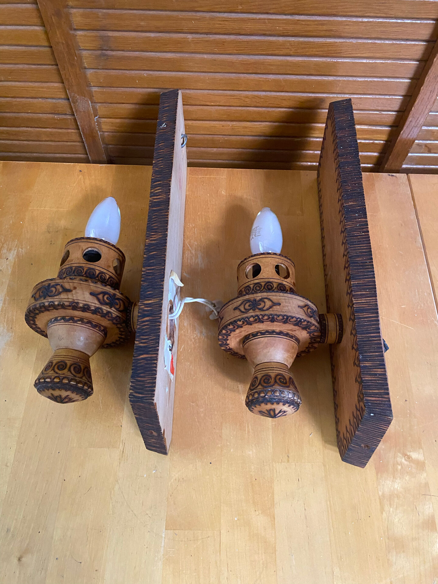 Pair of Vintage Pyrographed Wood Torch Wall Lights Mountain Style #