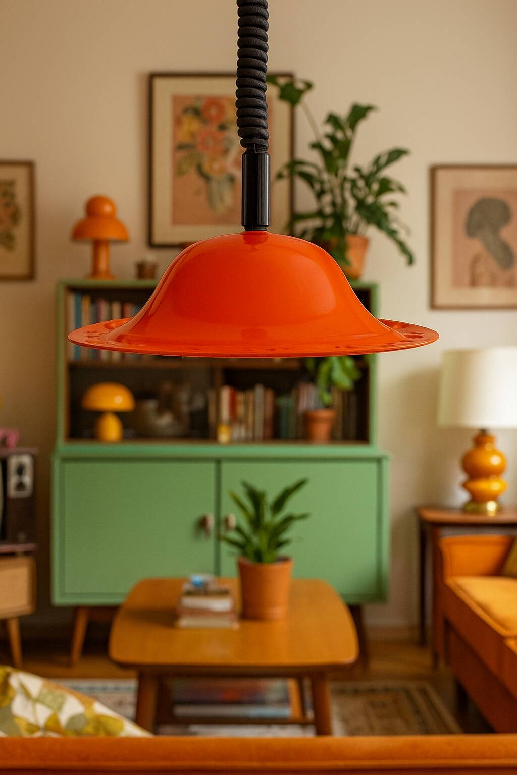 Vintage orange enameled metal pendant light – space age design – 1970s