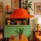 Vintage orange enameled metal pendant light – space age design – 1970s