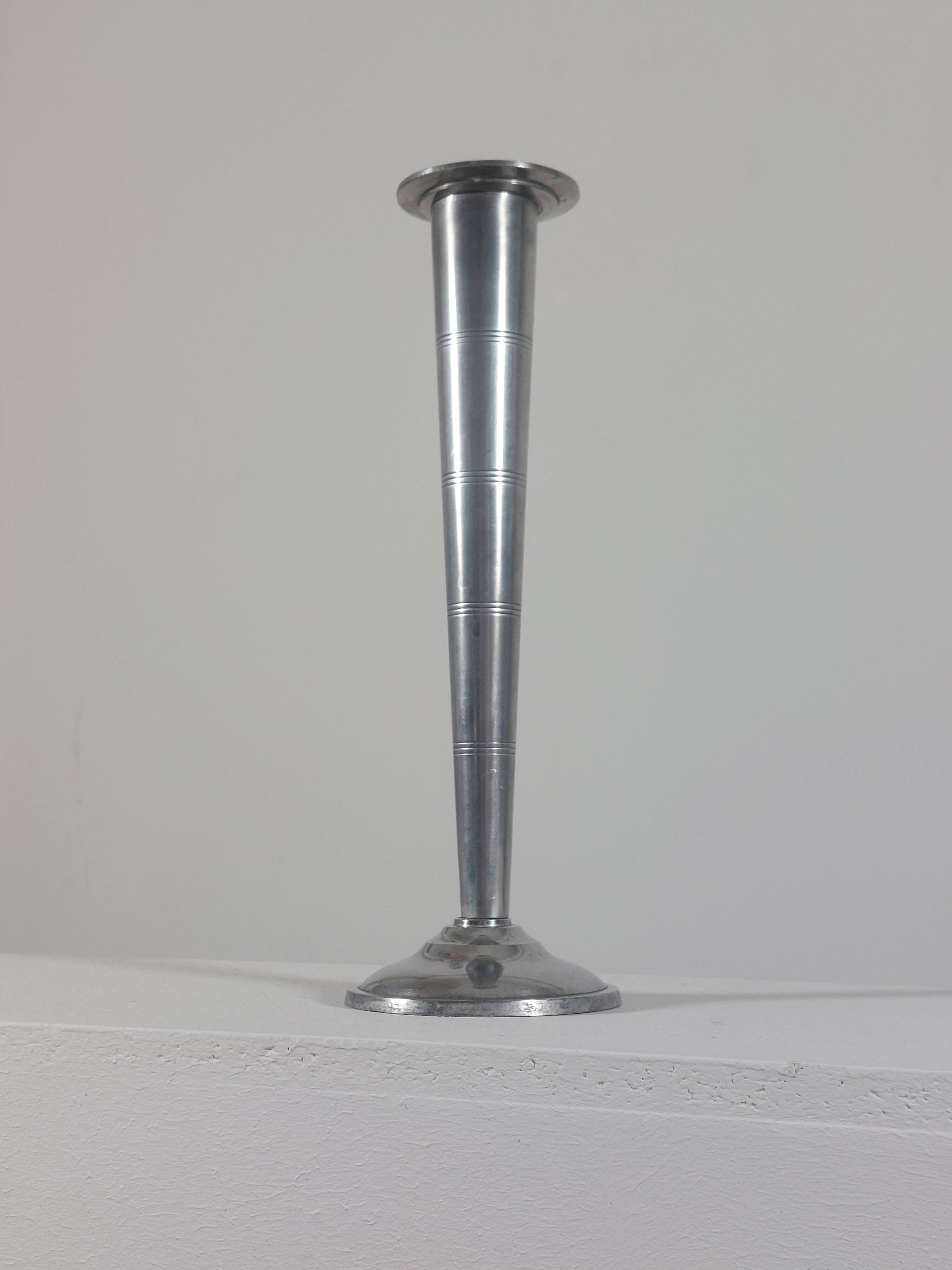 Vintage postmodern art deco revival chromed aluminum candlestick