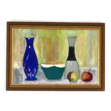Huile sur toile d'époque Mid Century – « Bol, Vase et Fruits » par K. W. N.