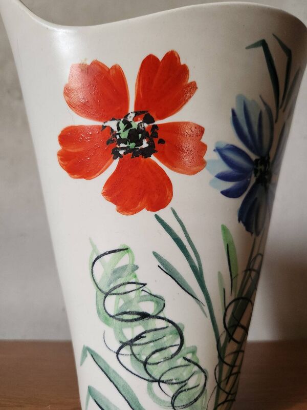 Vase vintage Vallauris années 1960, peint à la main, fleurs et jaune