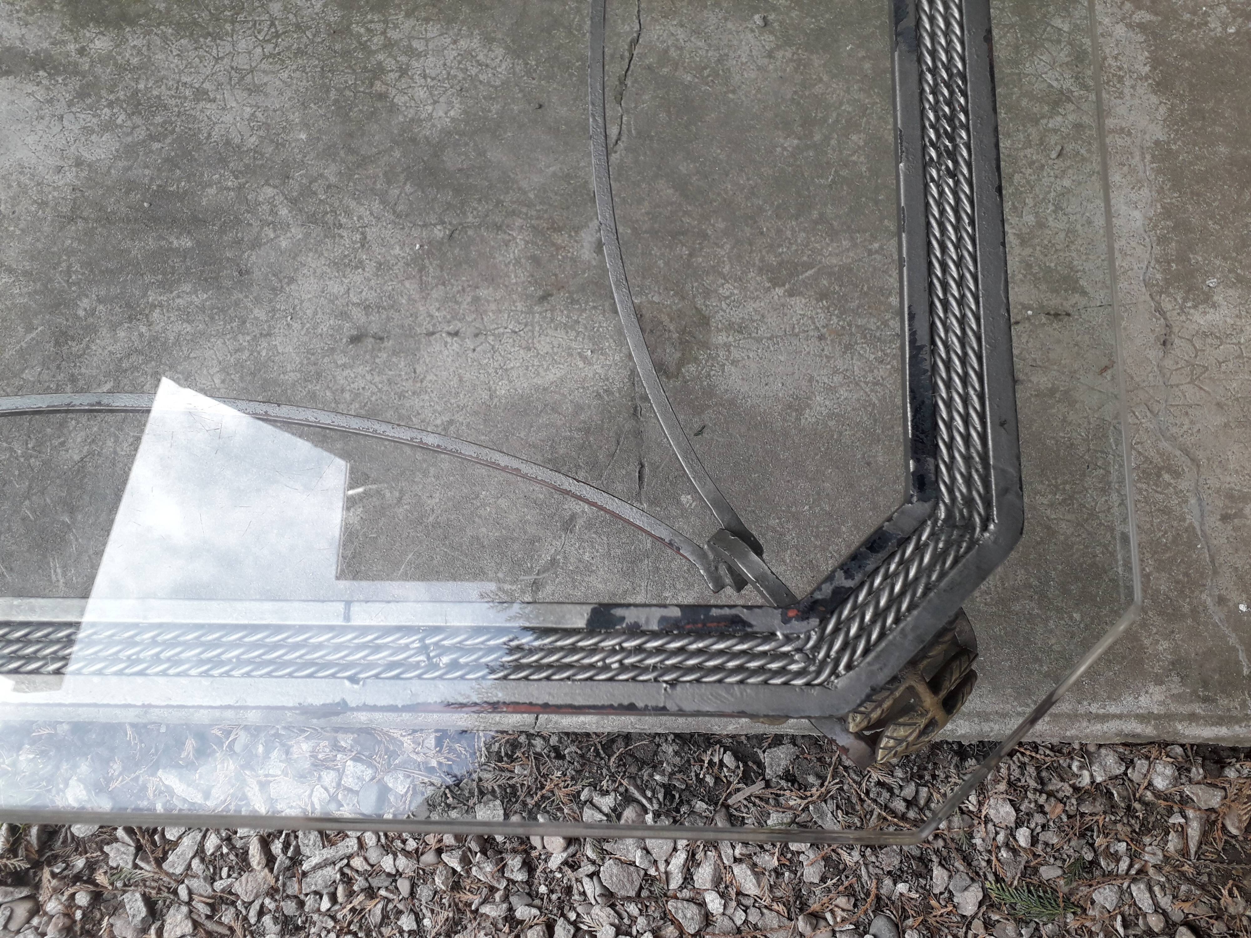 Large coffee table, wrought iron footing glass tray