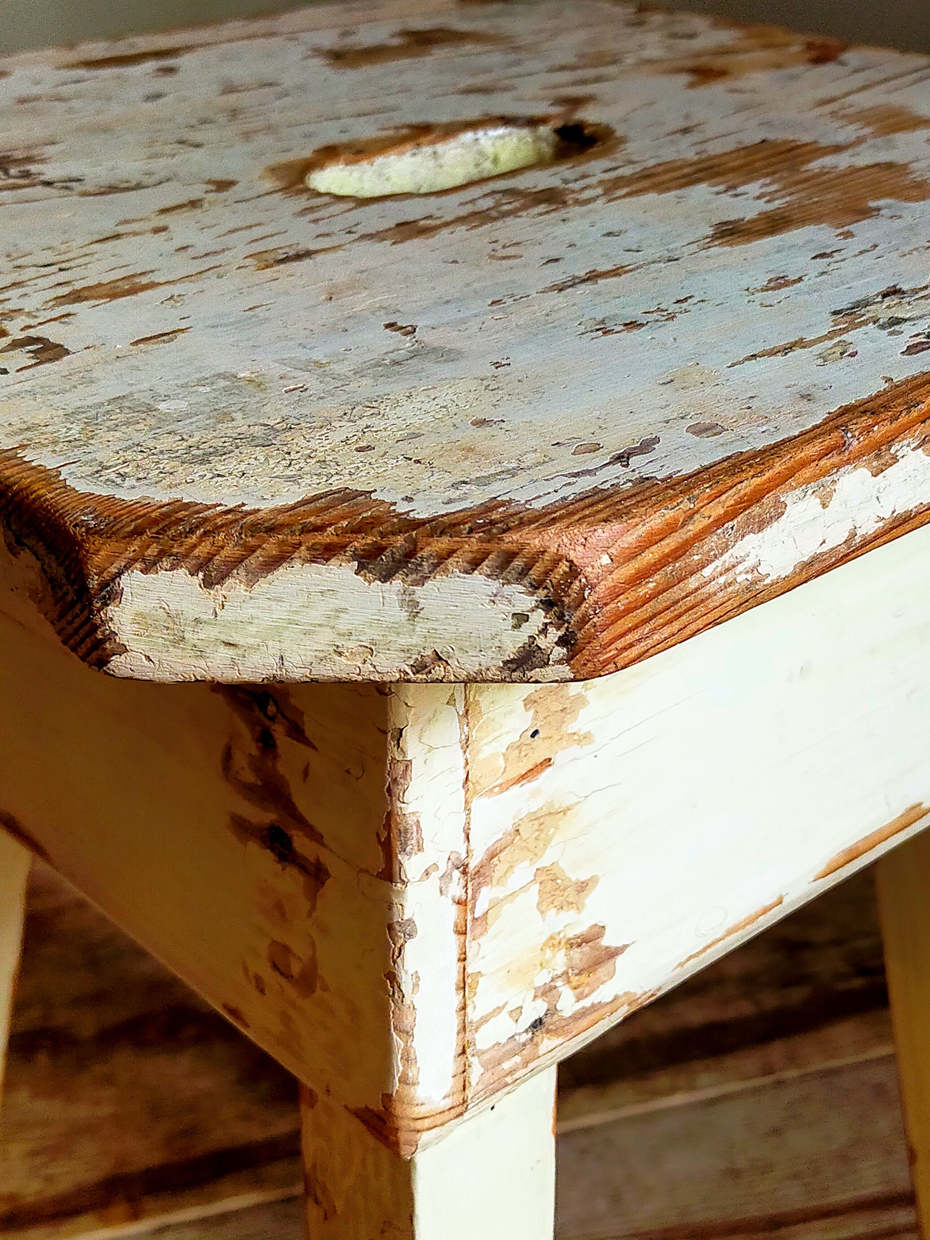 Workshop stool in antique patinated solid wood