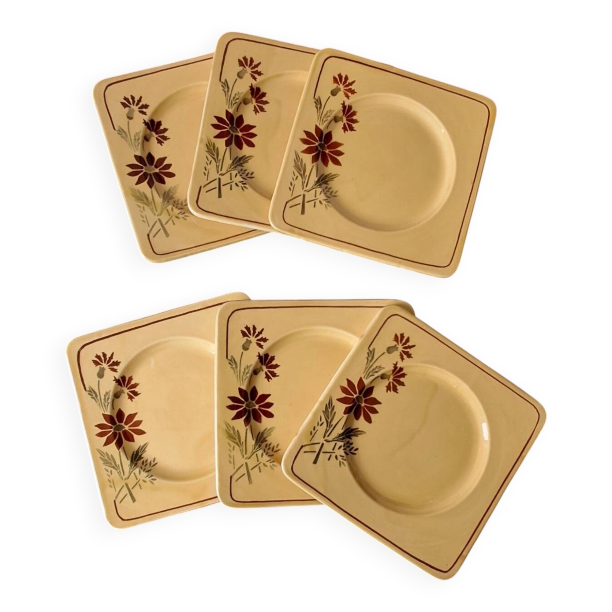 6 square dessert plates, ironstone. 1940s-50s.