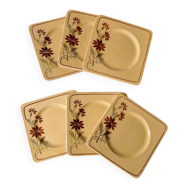6 assiettes à dessert carrées, terre de fer. Années 40-50