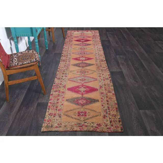 Vintage Turkish Hand-Knotted Wool Cotton Orange Runner Rug 85x344