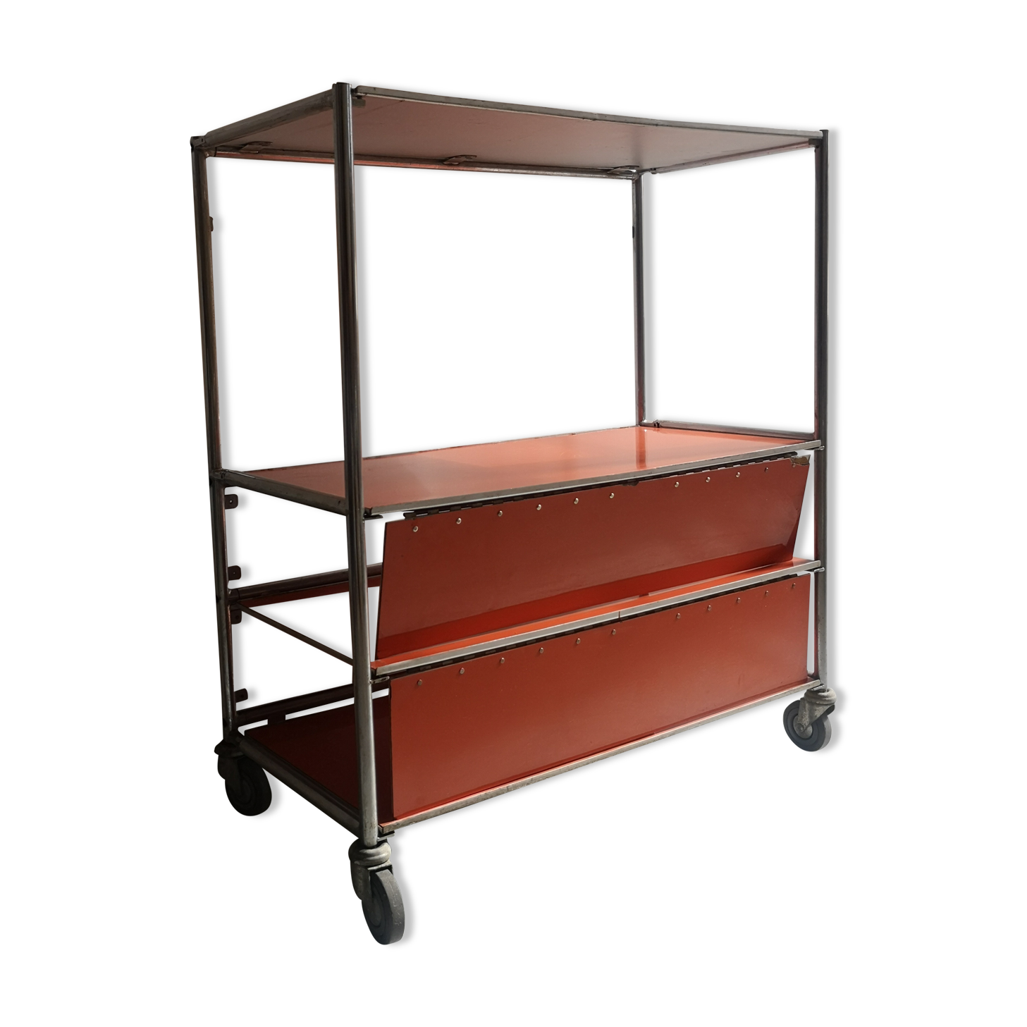 Desserte bibliothèque à roulette en metal chromé industrielle