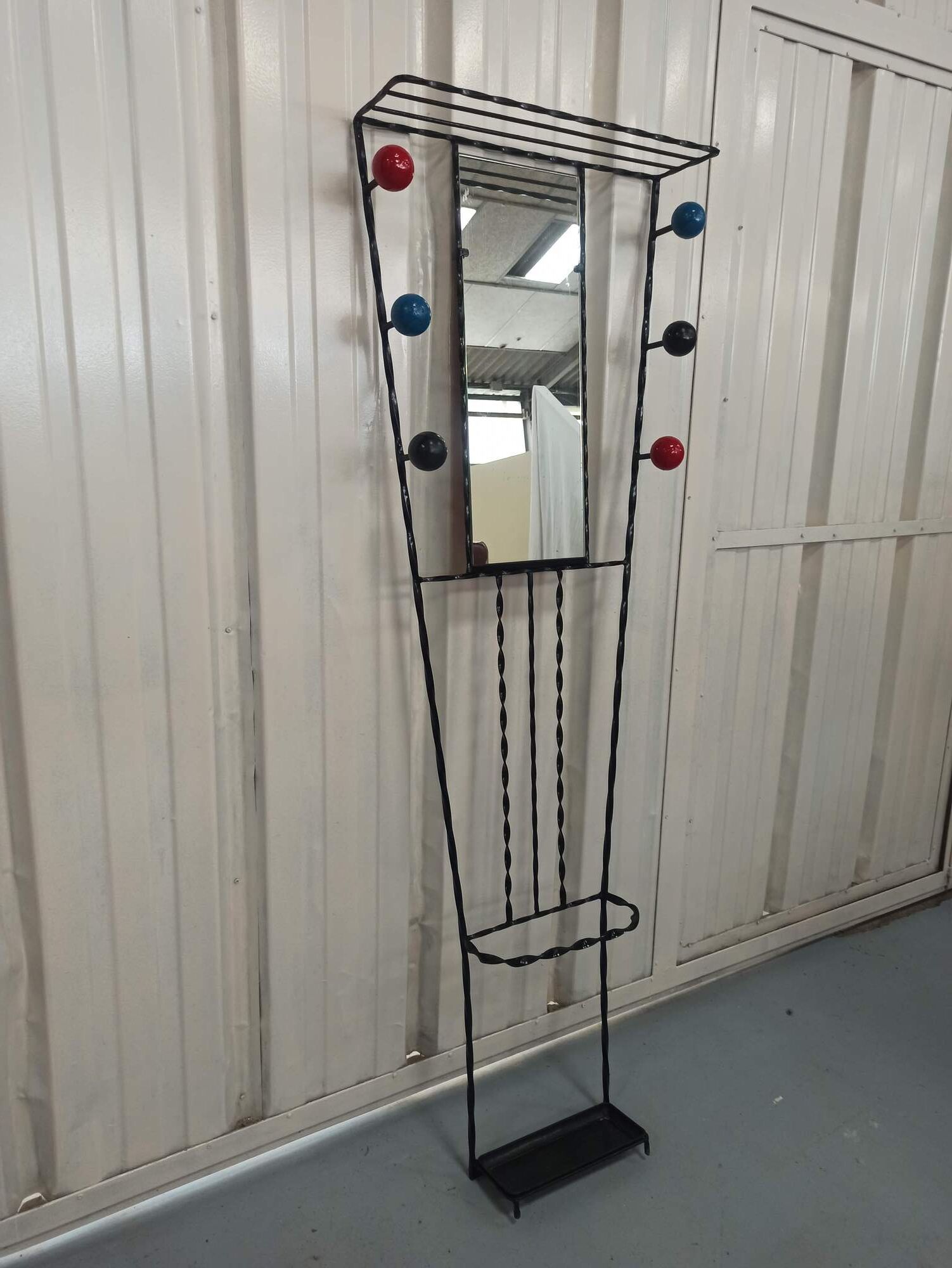 Iron cloakroom wall-mounted port multicolored balls mirror door umbrellas hats circa 50