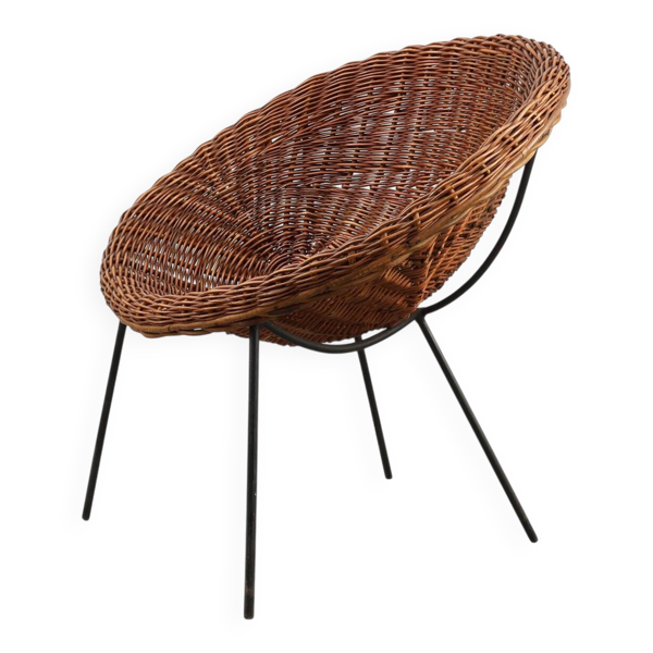 Fauteuil en osier tressé, en rotin et en fer des années 1960, Italie.