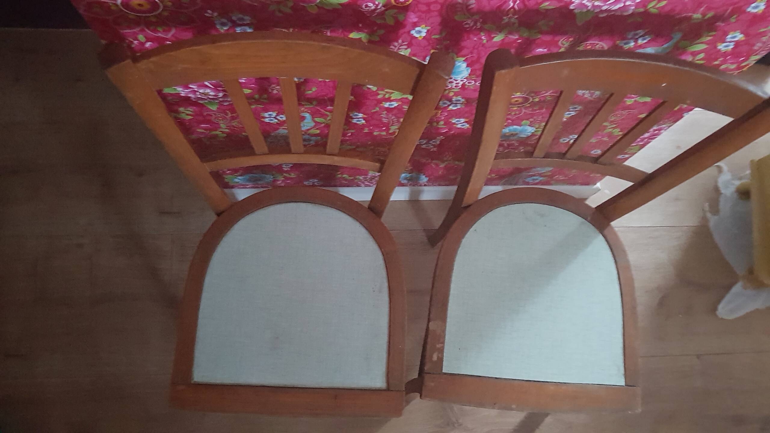 Vintage 70s chairs with wooden frames and blue formica seats.