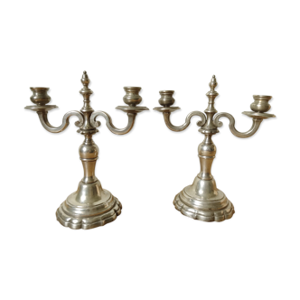 Pair of two-light silver bronze candelabra