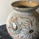 Glazed stoneware ball vase decorated with flowers