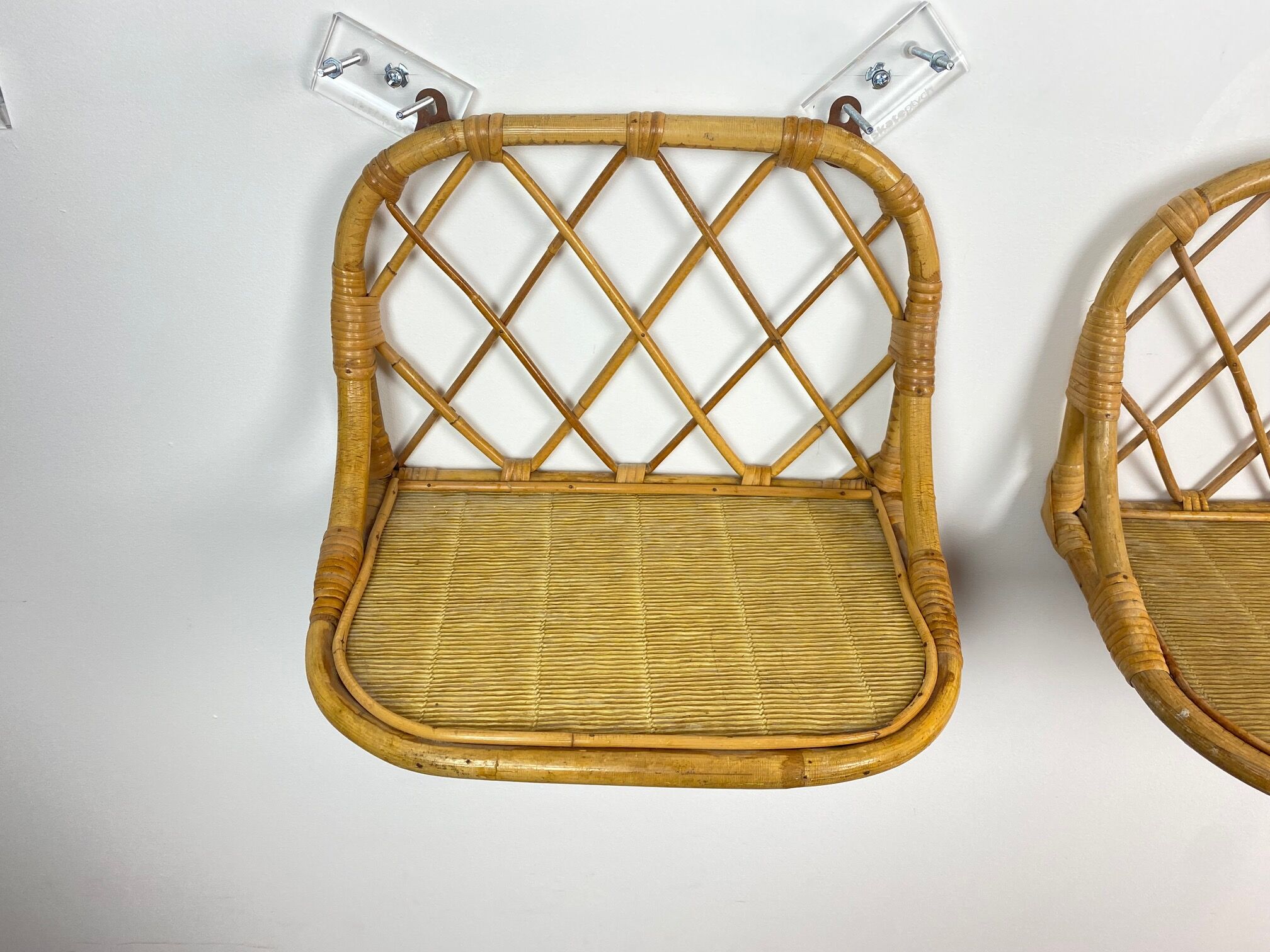 Pair of vintage rattan wall shelves 70s
