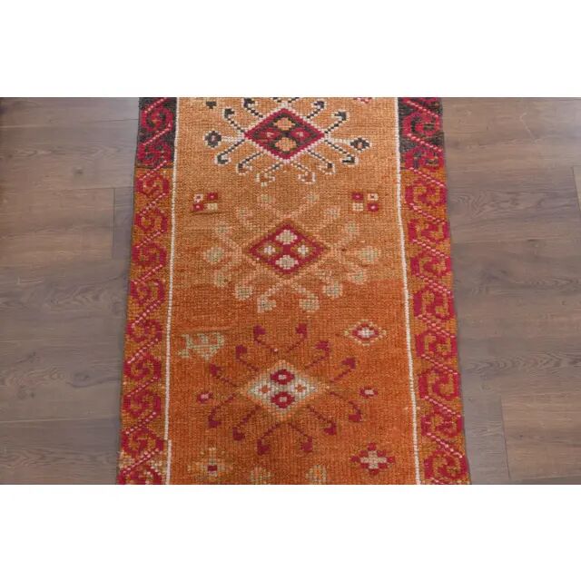 Tapis coureur vintage en laine et coton turc noué à la main orange 82x382