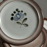 Dessert plates, beige stoneware with blue/gray flowers, by MBFA Pornic, Fanchon model, set of 6