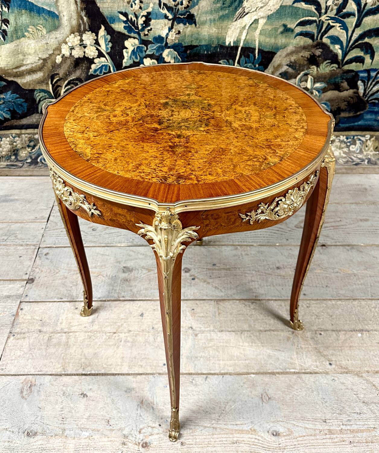 Pedestal table in marquetry and gilded bronzes, louis xv style, napoleon iii period