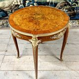 Pedestal table in marquetry and gilded bronzes, louis xv style, napoleon iii period