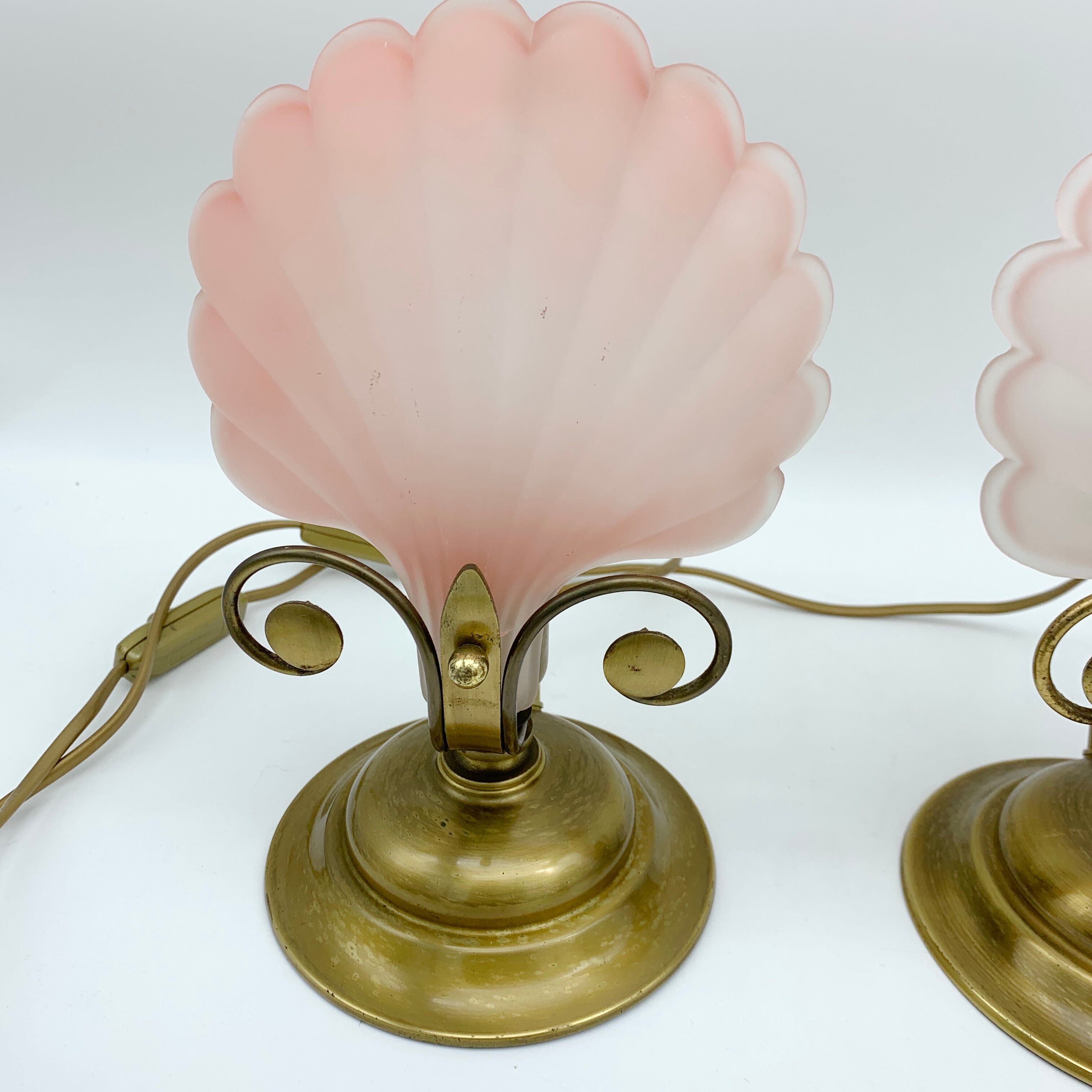 Pair of vintage brushed glass and brass shell lamps