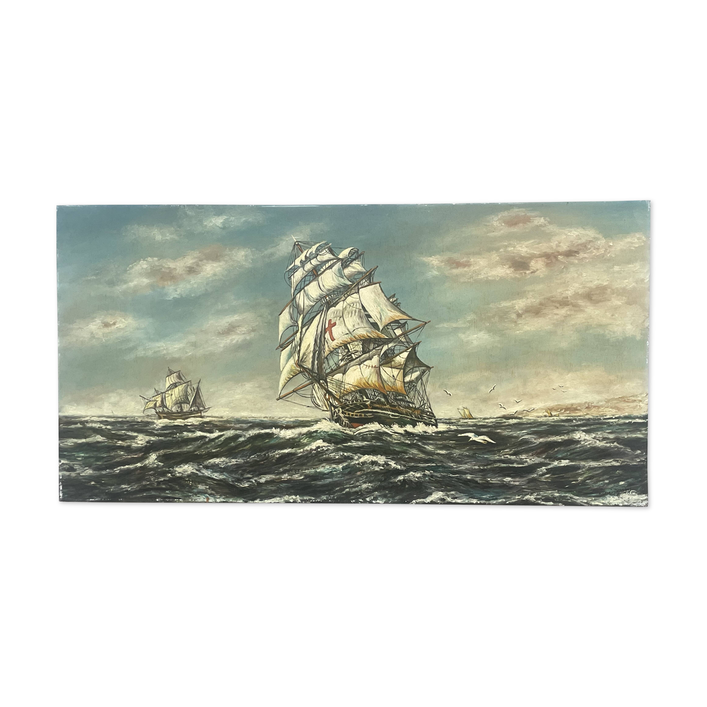 Huile sur panneau galion par rene mary marine 89 x 45 cm