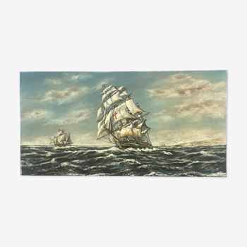 Huile sur panneau galion par rene mary marine 89 x 45 cm