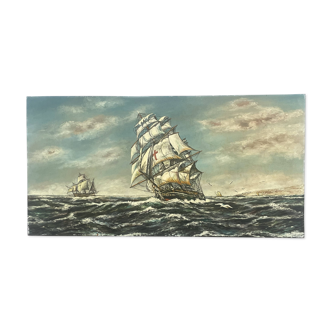 Huile sur panneau galion par rene mary marine 89 x 45 cm