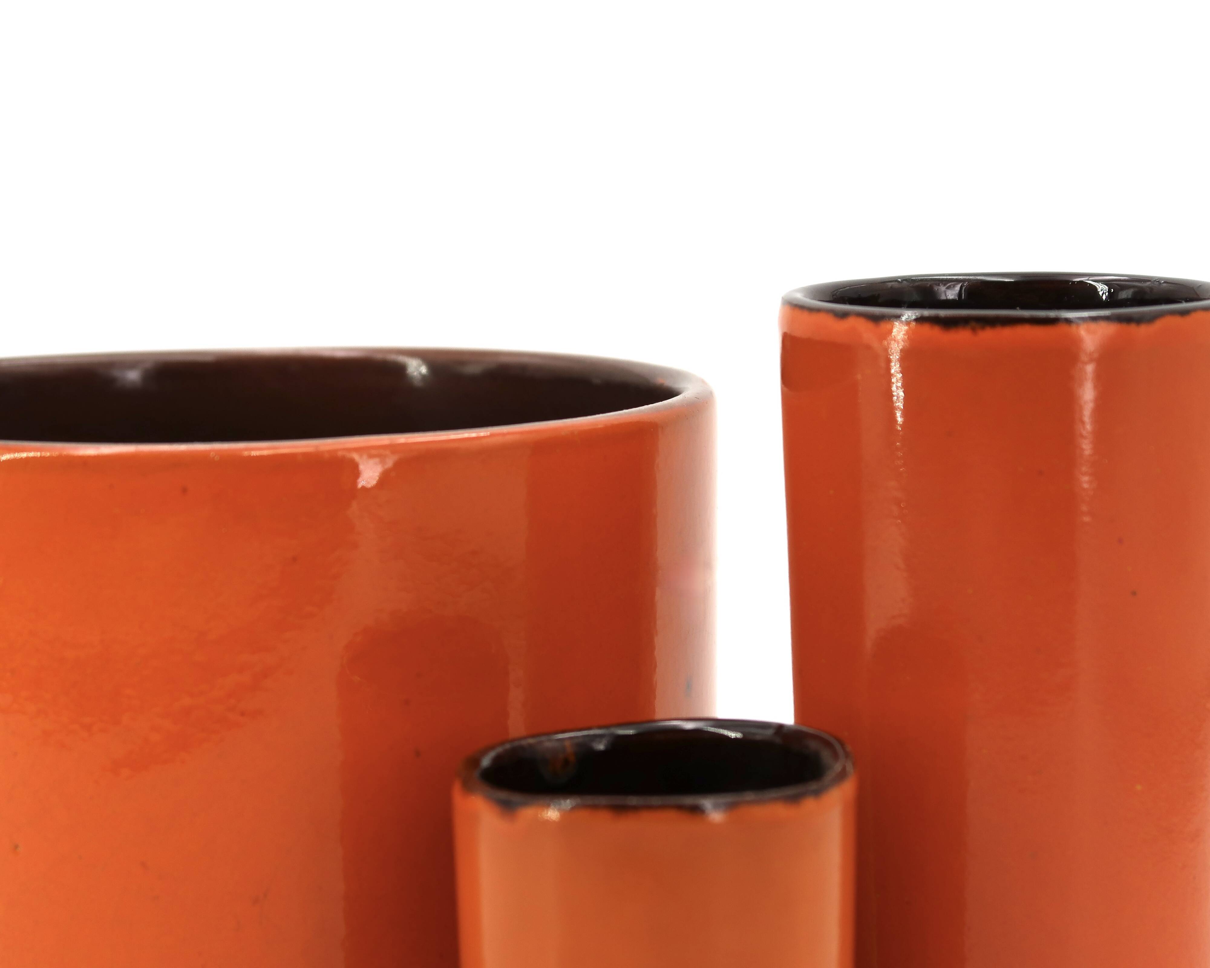 Cylindrical orange ceramic roller vase, 1970s