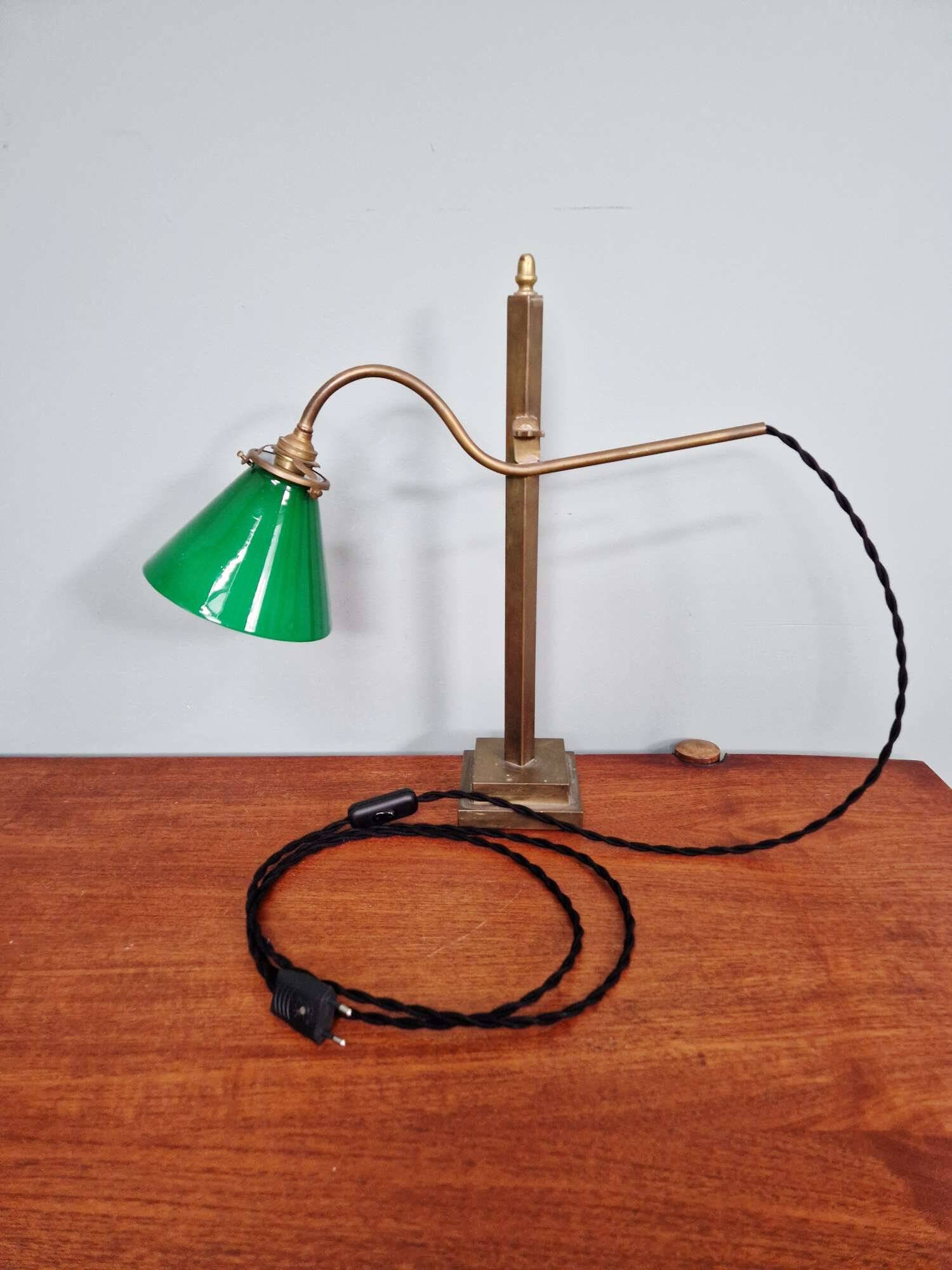 Bronze desk lamp with a green opaline conical shade, 1920.