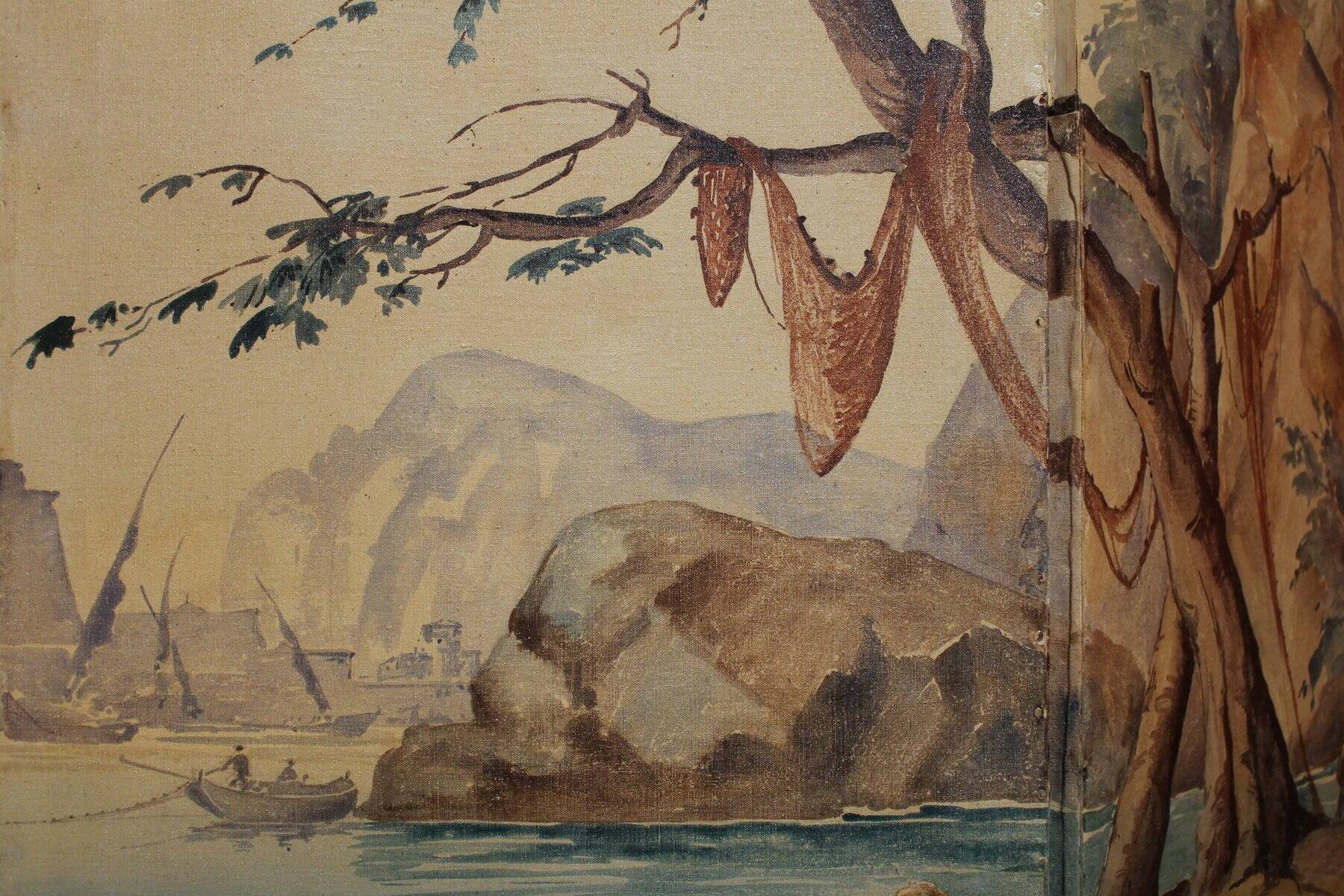 Early 20th Century French Tempera on Canvas Folding Screen with Seascape View