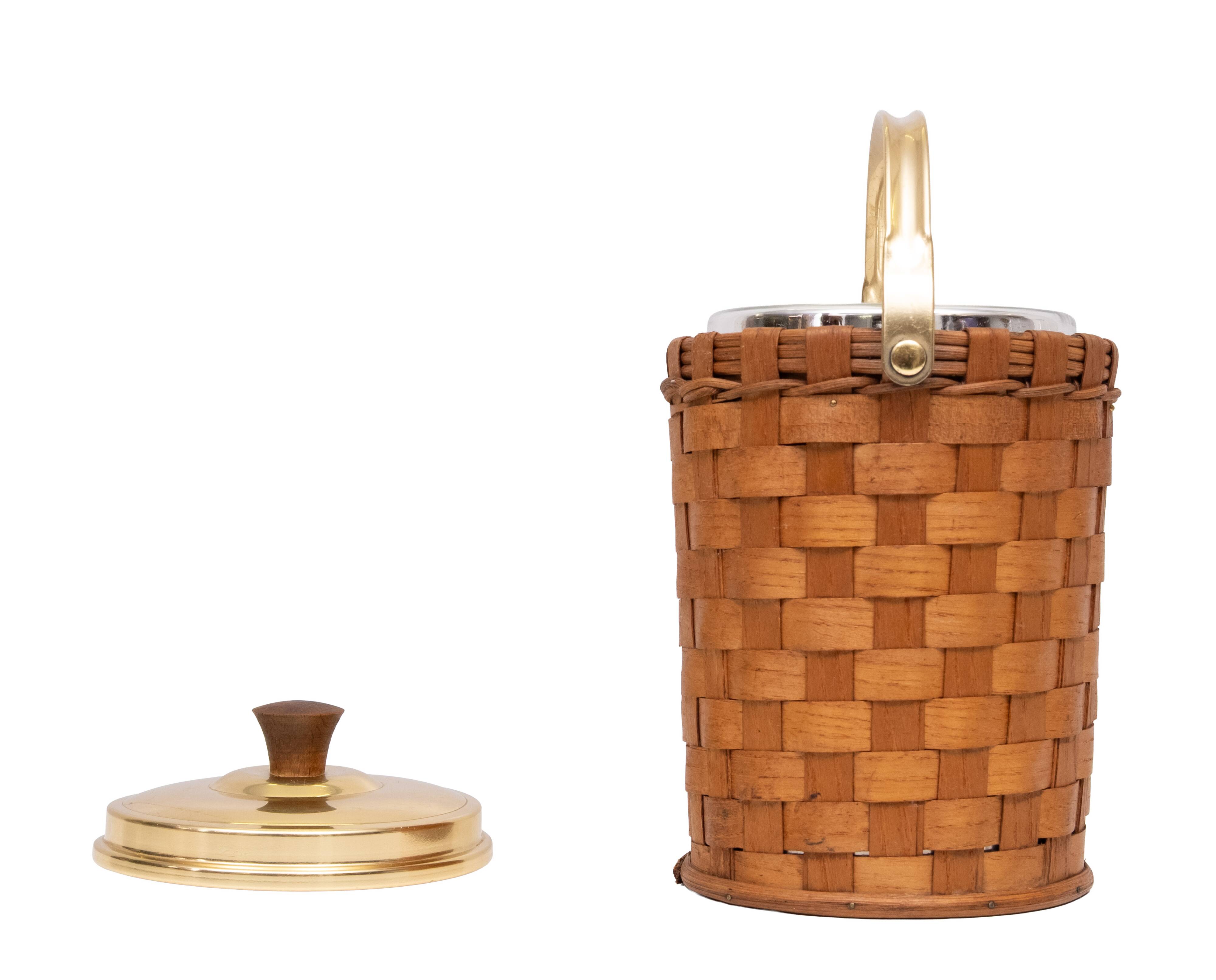 Wicker Ice bucket Brass lid and ice tongs 1960s