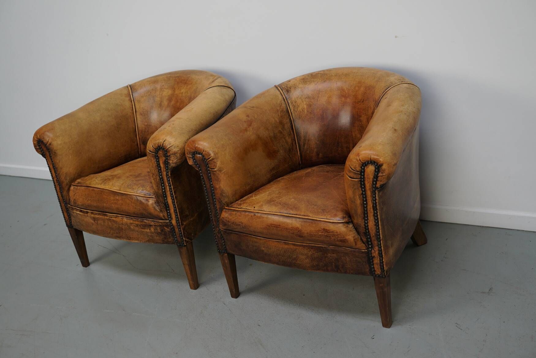 Vintage Dutch Cognac Leather Club Chairs, Set of 2
