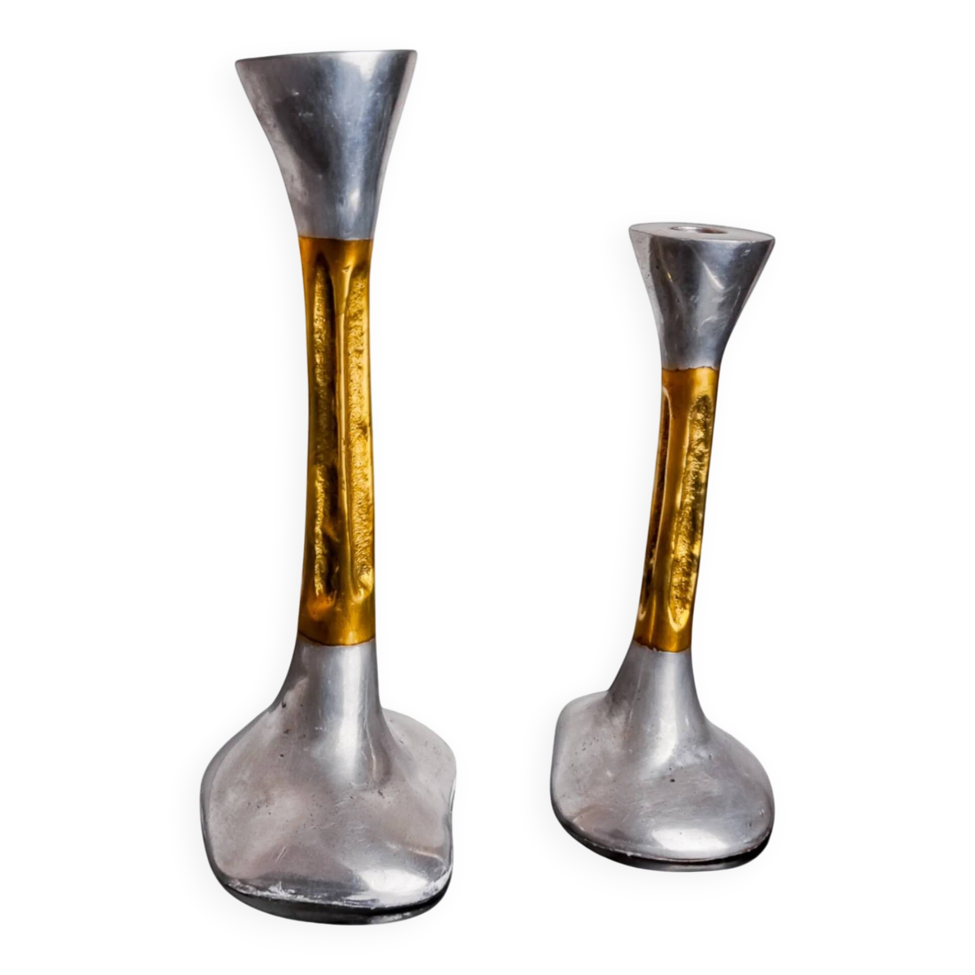 Pair of Brutalist candlesticks by David Marshall in bronze, Spain, 1970s