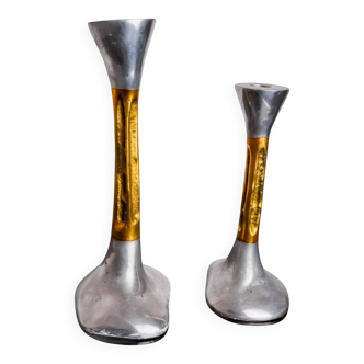 Pair of Brutalist candlesticks by David Marshall in bronze, Spain, 1970s