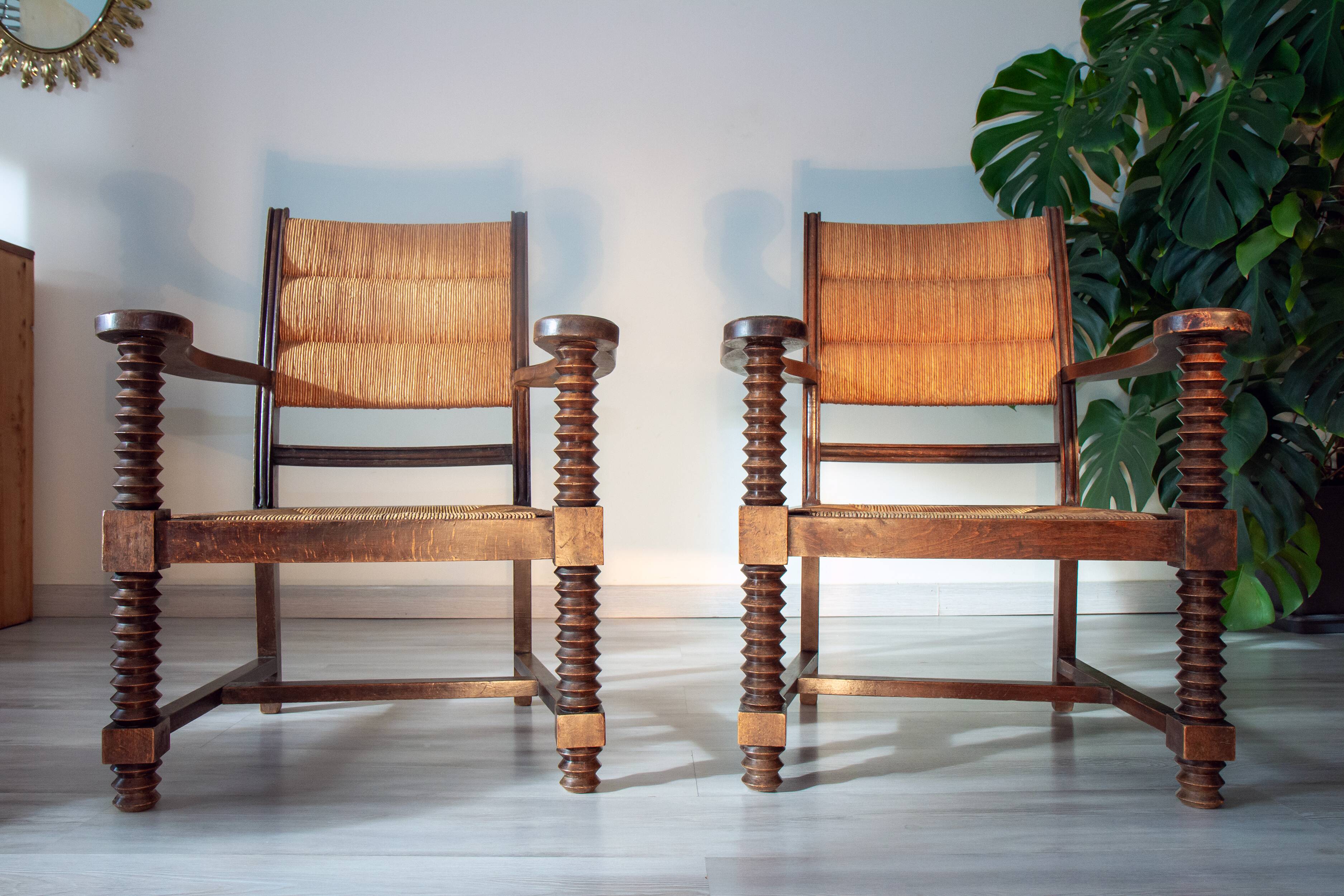 Armchair in oak and rush, brutalist style, designed by Charles Dudouyt, 1940s